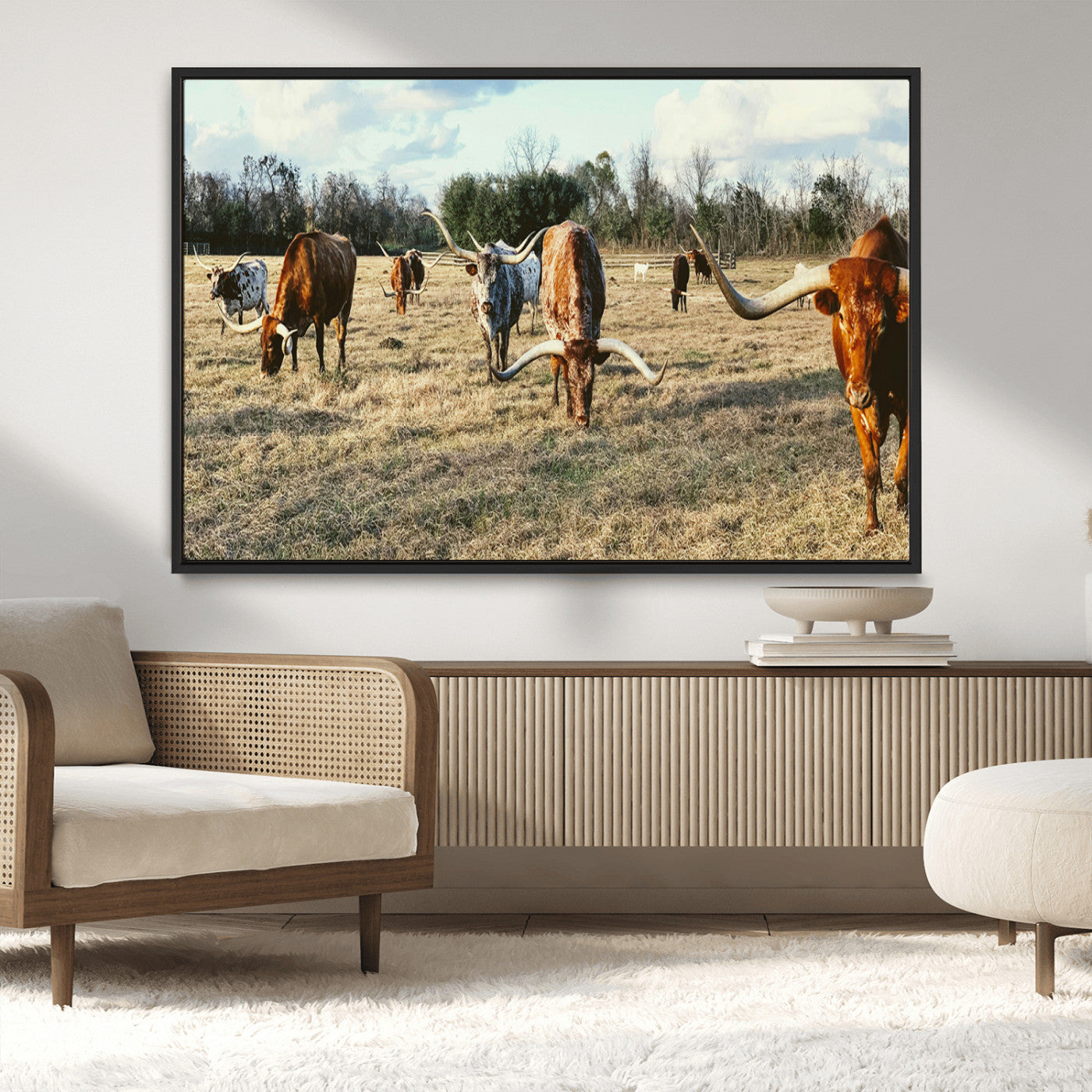 39144651-MGV-CV-36X24-Texas Longhorns Wall Art Canvas Print, Framed Rustic Farm Scene Art Picture Print, Western Cattle Perfect Rustic Farmhouse Decor