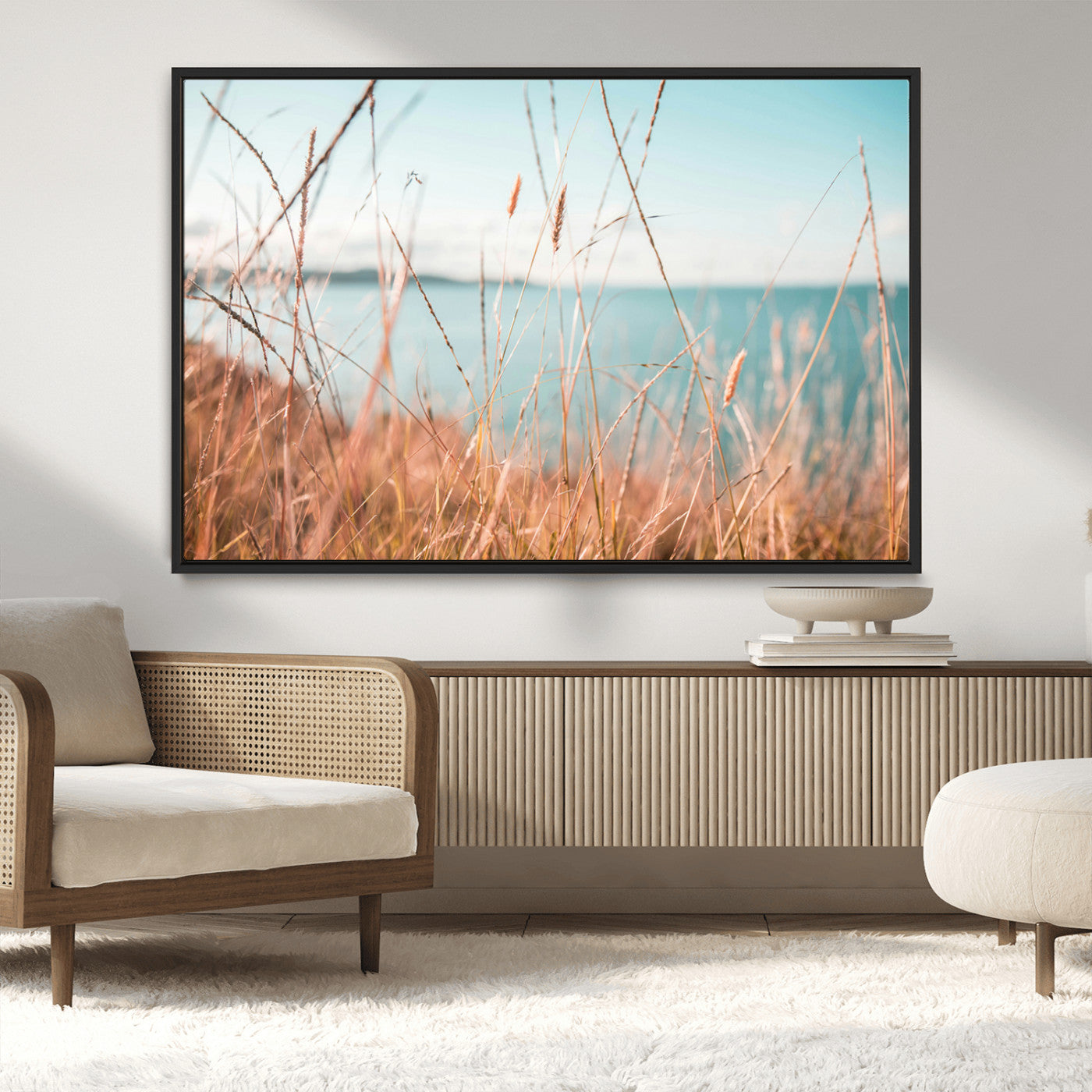 36108696-MGV-FC-36X24_Black-Coastal Grass Wall Art – Serene Ocean View Canvas Print, Beach Nature Photography Decor for Living Room, Bedroom, Office or Modern