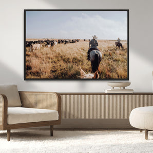22431577-MGV-CV-36X24-Western Wall Art Wall Art Canvas Print, Framed Cowboy Canvas Art Picture Print, Cattle Drive Scene Perfect Rustic Western Decor