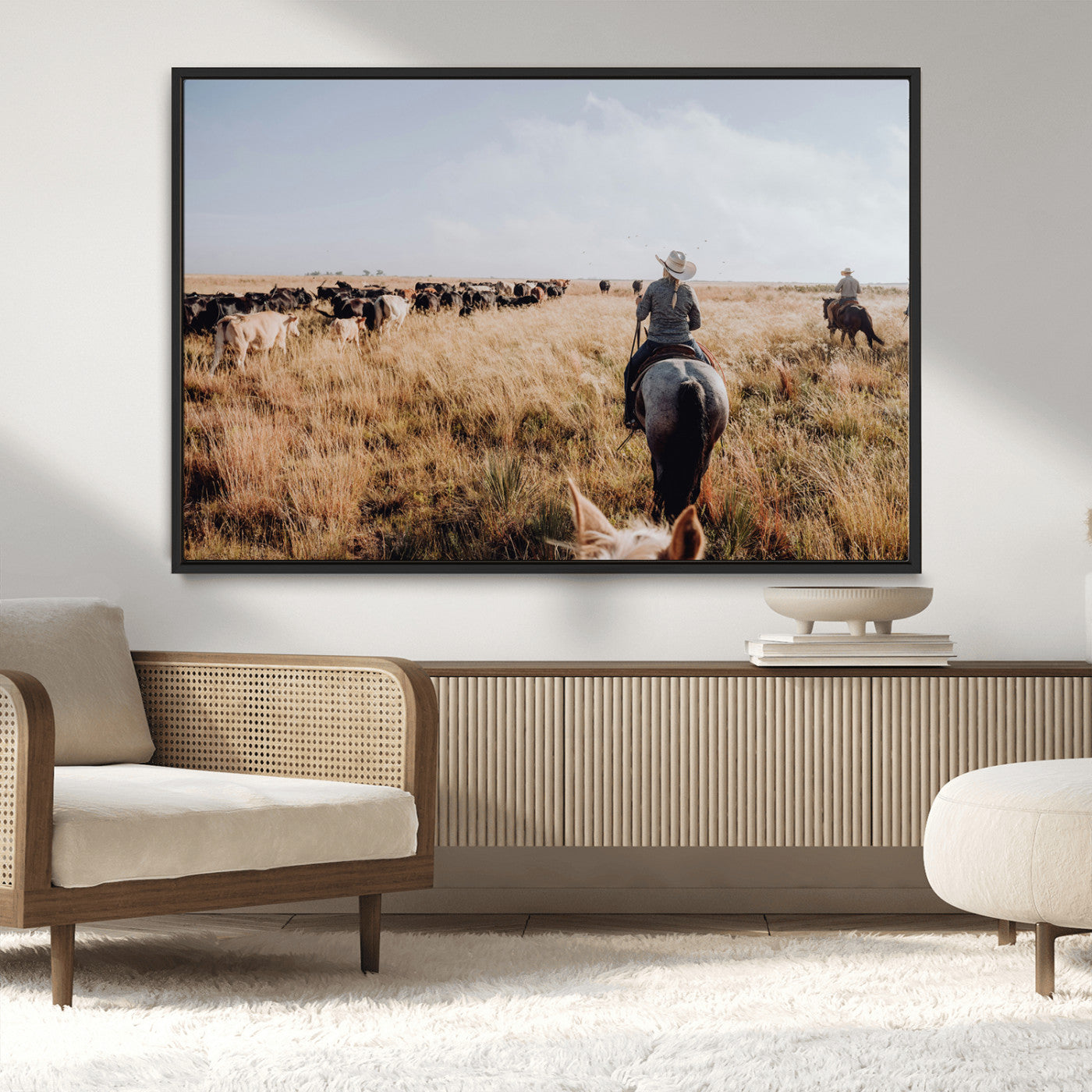 22431577-MGV-CV-36X24-Western Wall Art Wall Art Canvas Print, Framed Cowboy Canvas Art Picture Print, Cattle Drive Scene Perfect Rustic Western Decor