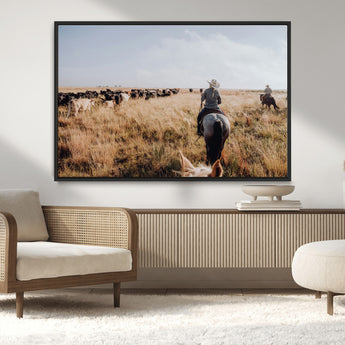 22431577-MGV-CV-36X24-Western Wall Art Wall Art Canvas Print, Framed Cowboy Canvas Art Picture Print, Cattle Drive Scene Perfect Rustic Western Decor