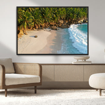 82312665-MGV-CV-36X24-Tropical Beach Wall Art Canvas Print, Framed Ocean Waves Art Picture Print, Palm Trees Perfect Coastal Minimalist Decor Artwork