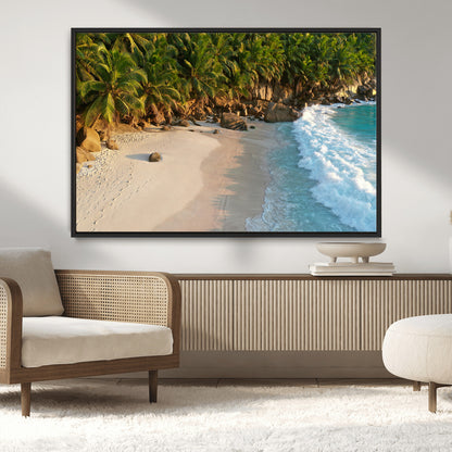 82312665-MGV-CV-36X24-Tropical Beach Wall Art Canvas Print, Framed Ocean Waves Art Picture Print, Palm Trees Perfect Coastal Minimalist Decor Artwork