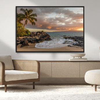 55108220-MGV-CV-36X24-Tropical Beach Wall Art Canvas Print, Framed Hawaiian Sunset Art Picture Print, Ocean Waves Perfect Coastal Tropical Decor Artwork
