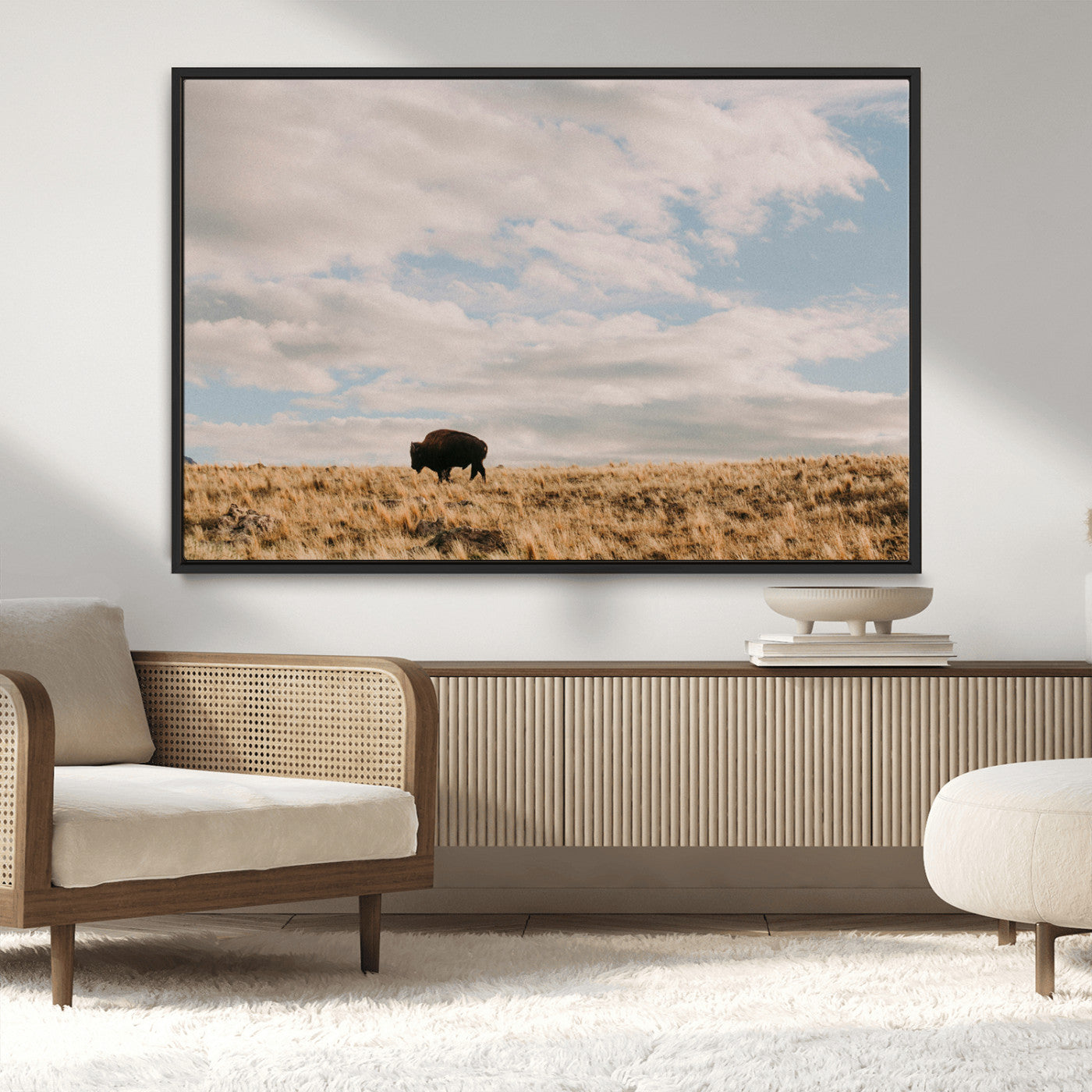 22754563-MGV-FC-36X24_Black-Earthy Tones Wall Art Canvas Print, Framed Rustic Nature Art Picture Print, Solitary Buffalo Perfect Western Minimalist Decor