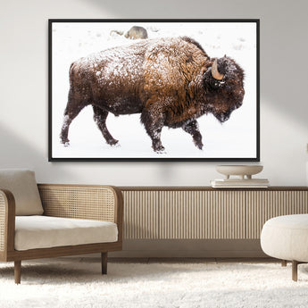 94261165-MGV-CV-36X24-Snowy Buffalo Wall Art Canvas Print, Framed Wildlife Photography Art Picture Print, Brown Tones Perfect Rustic Lodge Decor Decor