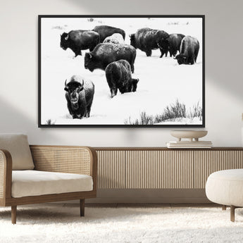 18914414-MGV-CV-36X24-Buffalo Herd Wall Art Canvas Print, Framed Black and White Art Picture Print, Snowy Landscape Perfect Rustic Lodge Decor Decor