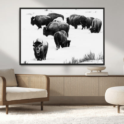 18914414-MGV-CV-36X24-Buffalo Herd Wall Art Canvas Print, Framed Black and White Art Picture Print, Snowy Landscape Perfect Rustic Lodge Decor Decor
