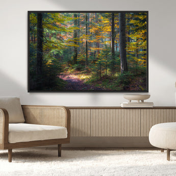 65810864-MGV-CV-36X24-Autumn Forest Wall Art Canvas Print, Framed Fall Woodland Art Picture Print, Golden Leaves Perfect Rustic Farmhouse Decor Artwork