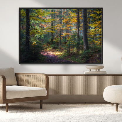 65810864-MGV-CV-36X24-Autumn Forest Wall Art Canvas Print, Framed Fall Woodland Art Picture Print, Golden Leaves Perfect Rustic Farmhouse Decor Artwork