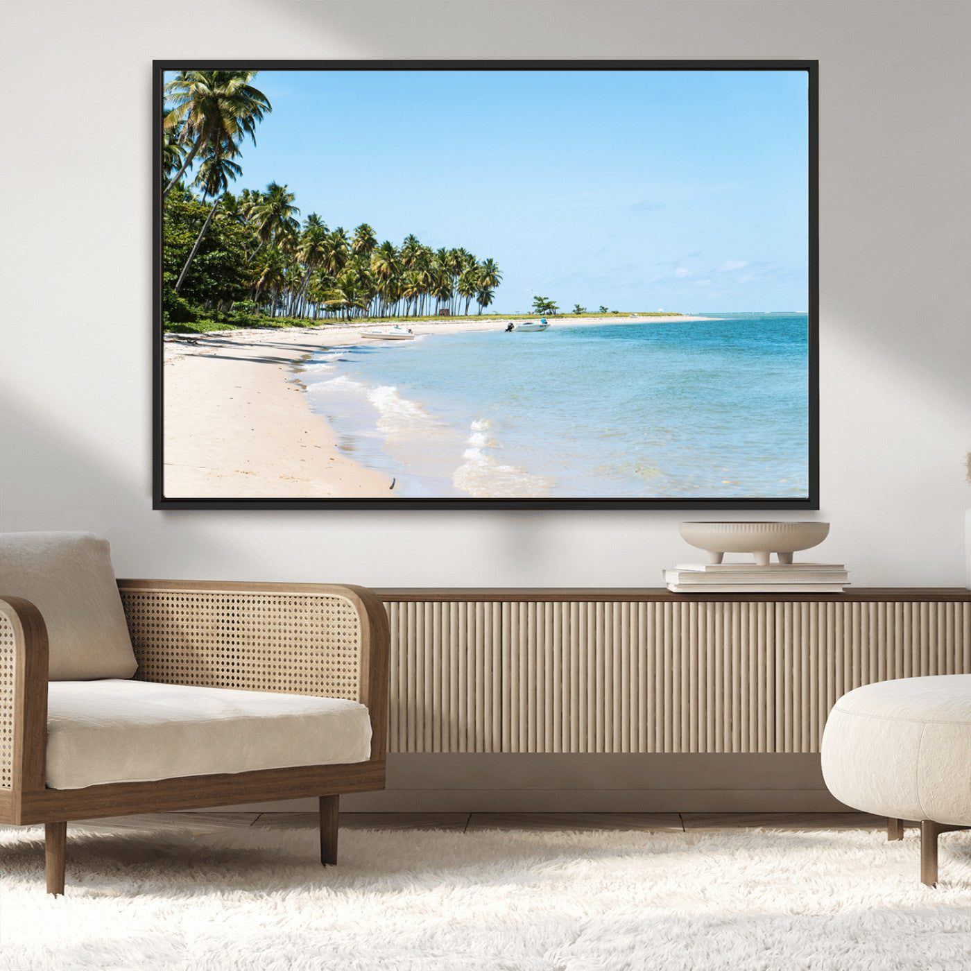 37858872-MGV-CV-36X24-Palm Tree Coast Wall Art Canvas Print, Framed Island Getaway Art Picture Print, Crystal Blue Water Perfect Tropical Coastal Decor