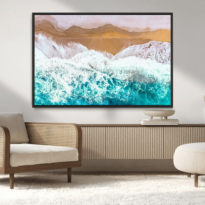 26870666-MGV-CV-36X24-Aerial Beach Wall Art Canvas Print, Framed Ocean Waves Art Picture Print, Coastal Landscape Perfect Coastal Minimalist Decor