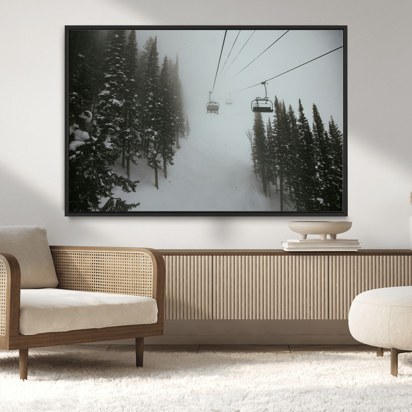 87018452-MGV-CV-36X24-Ski Lift Wall Art Canvas Print, Framed Snowy Pines Art Picture Print, Misty Landscape Perfect Winter Serenity Decor Artwork