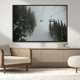 87018452-MGV-CV-36X24-Ski Lift Wall Art Canvas Print, Framed Snowy Pines Art Picture Print, Misty Landscape Perfect Winter Serenity Decor Artwork