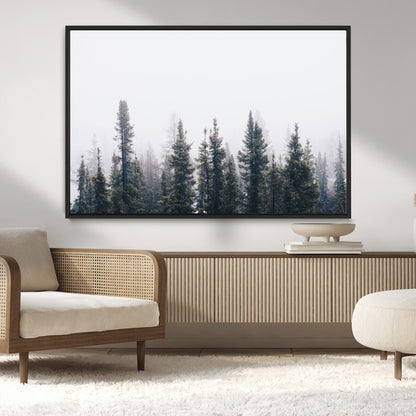 42364796-MGV-CV-36X24-Foggy Forest Wall Art Canvas Print, Framed Misty Pines Art Picture Print, Moody Woodland Perfect Scandinavian Minimalist Decor