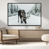 13316292-MGV-CV-36X24-Moose in Snow Wall Art Canvas Print, Framed Winter Wildlife Art Picture Print, Snowy Forest Scene Perfect Rustic Lodge Decor