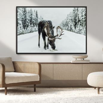 13316292-MGV-CV-36X24-Moose in Snow Wall Art Canvas Print, Framed Winter Wildlife Art Picture Print, Snowy Forest Scene Perfect Rustic Lodge Decor