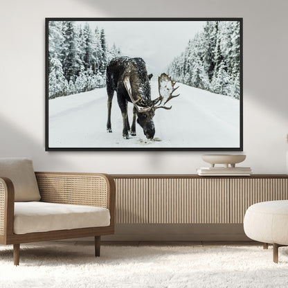 13316292-MGV-CV-36X24-Moose in Snow Wall Art Canvas Print, Framed Winter Wildlife Art Picture Print, Snowy Forest Scene Perfect Rustic Lodge Decor
