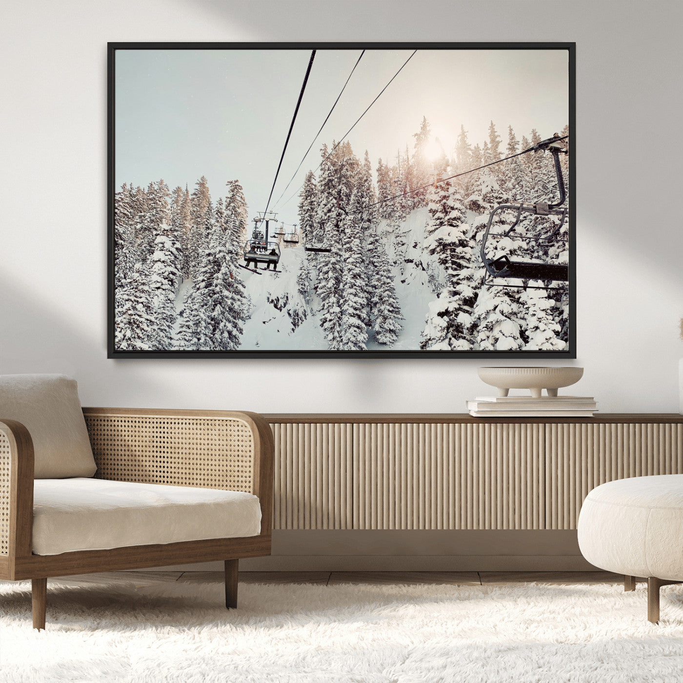 91534512-MGV-CV-36X24-Frosty Pines Wall Art Canvas Print, Framed Cozy Cabin View Art Picture Print, Ski Lift Ride Perfect Rustic Lodge Decor Artwork