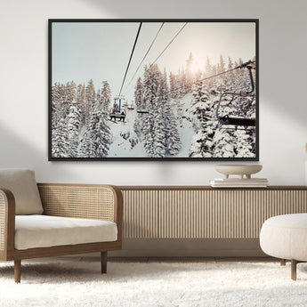 91534512-MGV-CV-36X24-Frosty Pines Wall Art Canvas Print, Framed Cozy Cabin View Art Picture Print, Ski Lift Ride Perfect Rustic Lodge Decor Artwork
