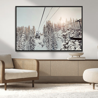 91534512-MGV-CV-36X24-Frosty Pines Wall Art Canvas Print, Framed Cozy Cabin View Art Picture Print, Ski Lift Ride Perfect Rustic Lodge Decor Artwork
