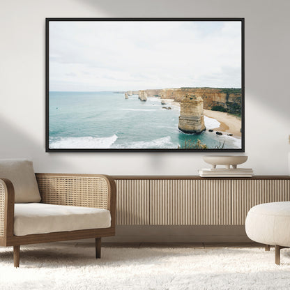70095633-MGV-CV-36X24-Twelve Apostles Wall Art Canvas Print, Framed Coastal Cliffs Art Picture Print, Rugged Rock Formations Perfect Minimalist Coastal