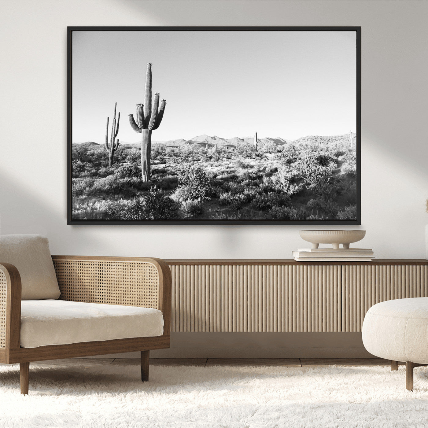 85205054-MGV-CV-36X24-Saguaro Cactus Wall Art Canvas Print, Framed Monochrome Landscape Art Picture Print, Scenic Arizona View Perfect Minimalist