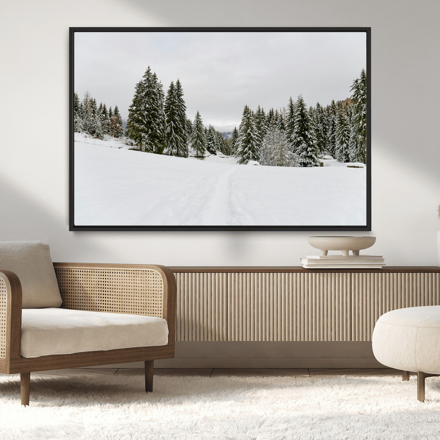 24581417-MGV-CV-36X24-Frosty Pines Wall Art Canvas Print, Framed Silent Snowfall Art Picture Print, Cozy Cabin Vibes Perfect Nordic Minimalist Decor