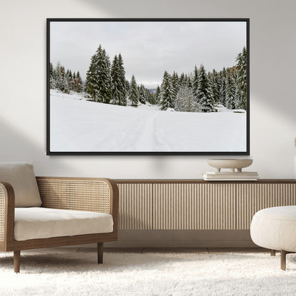 24581417-MGV-CV-36X24-Frosty Pines Wall Art Canvas Print, Framed Silent Snowfall Art Picture Print, Cozy Cabin Vibes Perfect Nordic Minimalist Decor