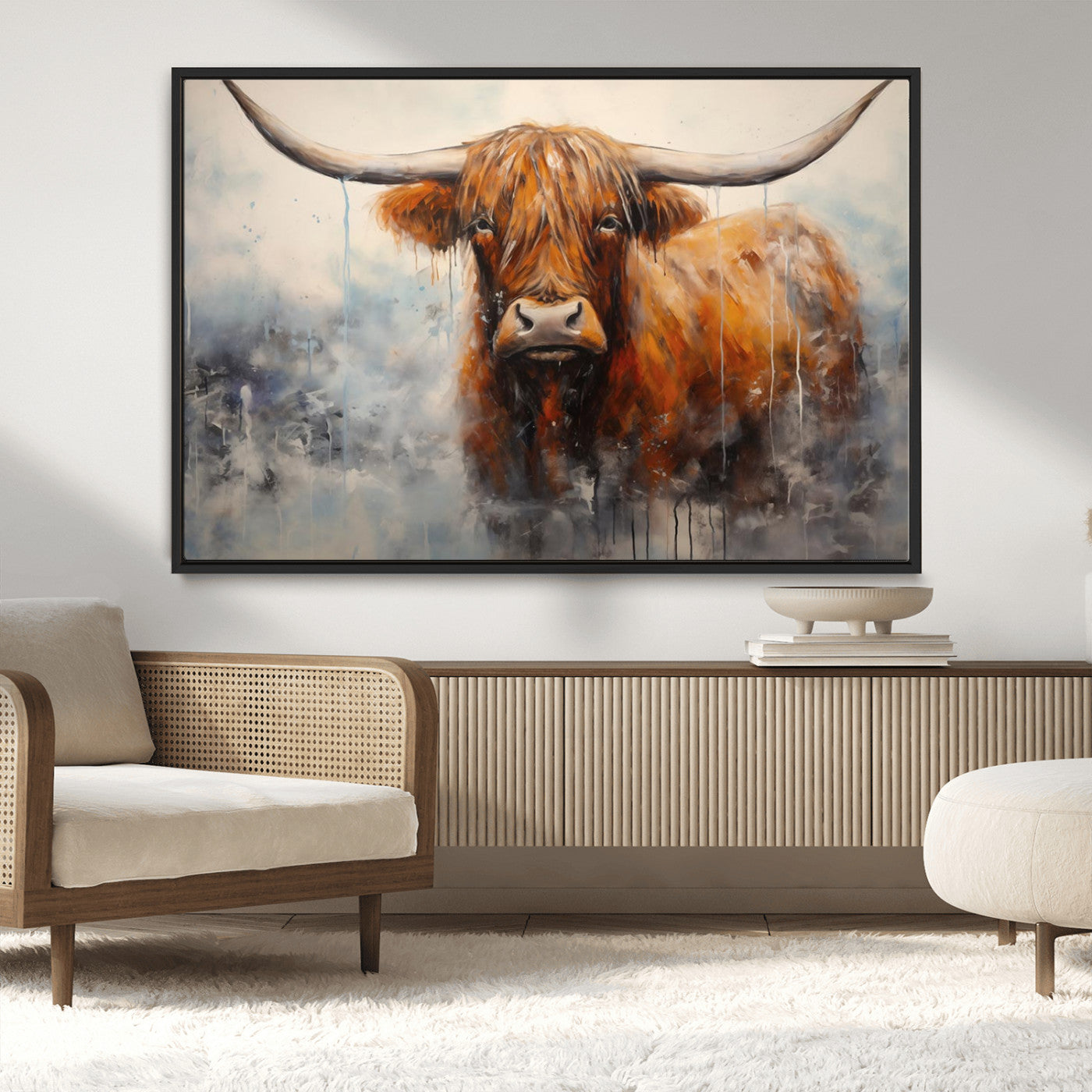 X61001-MGV-CV-36X24-Scottish Highland Wall Art Canvas Print, Framed Longhorn Art Picture Print, Western Cow Perfect Farmhouse Decor Artwork