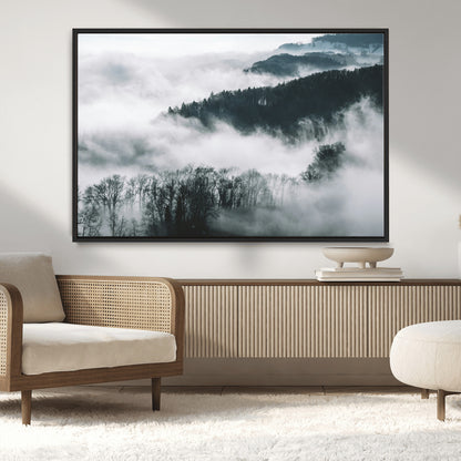 67569654-MGV-CV-36X24-Foggy Forest Wall Art – Mist Covered Hills and Trees Landscape Canvas Print, Moody Nature Photography Decor for Living Room,