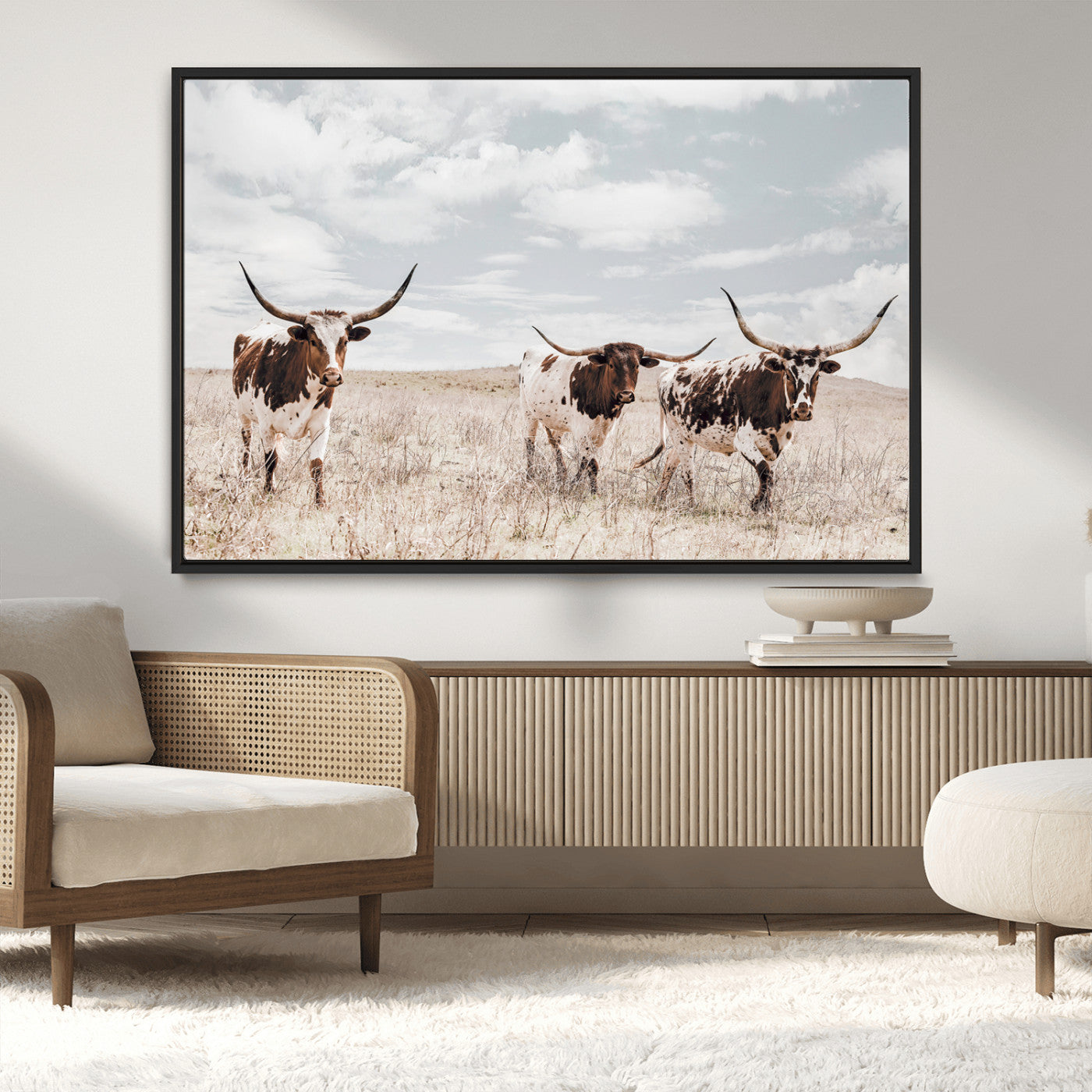 65621083-MGV-CV-36X24-Texas Longhorn Wall Art – Rustic Western Cattle Canvas Print, Southwestern Ranch Photography Decor for Living Room, Office,