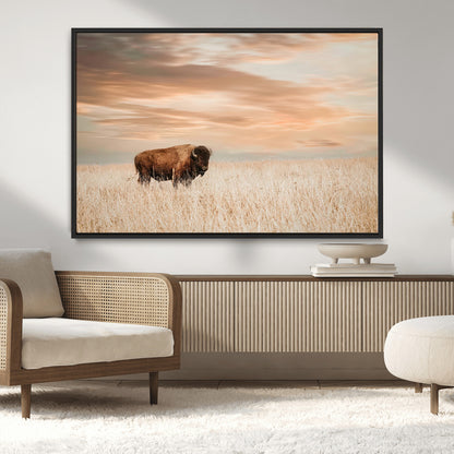 20306324-MGV-CV-36X24-Bison Wall Art – Lone American Buffalo Prairie Sunset Canvas Print, Rustic Western Wildlife Photography Decor for Living Room,