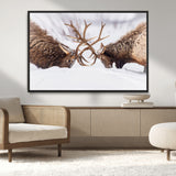 99240306-MGV-CV-36X24-Elk Wall Art – Two Bull Elk Fighting in Snow Canvas Print, Rustic Wildlife Artwork for Cabin, Lodge, Western Farmhouse, Nature &