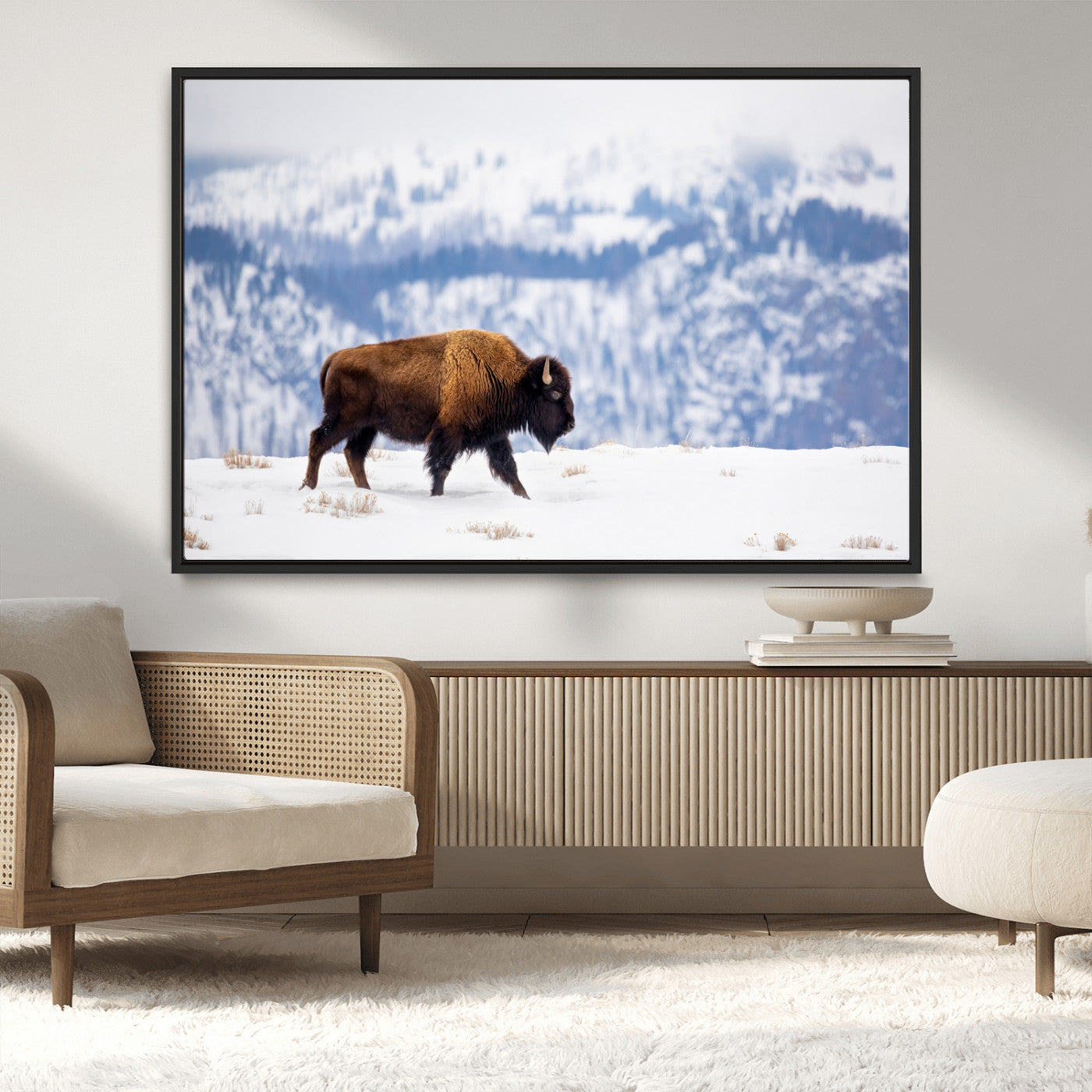 21623194-MGV-CV-36X24-Snow Bison Wall Art – Majestic Buffalo Wildlife Canvas Print, Winter Nature Décor for Rustic Living Room, Farmhouse, Cabin, Lodge