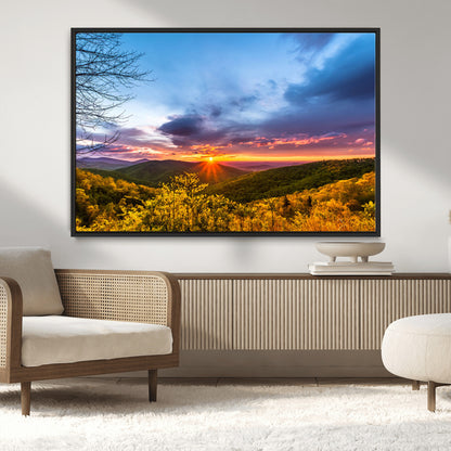 25786346-MGV-CV-36X24-Sunset Over Mountains Wall Art – Nature Landscape Canvas Print, Golden Hour Forest Photography, Scenic Sunrise Artwork for Living