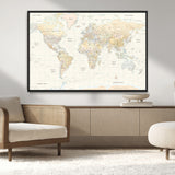 40660043-MGV-CV-36X24-World Map Wall Art – Large Detailed Atlas Style Map Print with Countries, Cities, and Oceans, Neutral Beige and Tan Educational