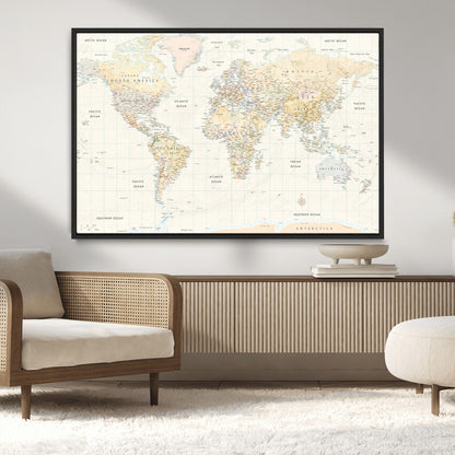 40660043-MGV-CV-36X24-World Map Wall Art – Large Detailed Atlas Style Map Print with Countries, Cities, and Oceans, Neutral Beige and Tan Educational