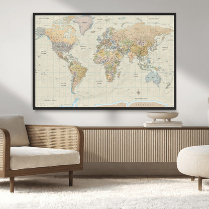 41929777-MGV-CV-36X24-World Map Wall Art – Large Detailed Political Atlas Style Map Print with Countries, Cities, and Oceans, Warm Earth Tone