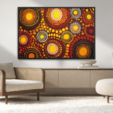 81120549-MGV-CV-36X24-Abstract Dot Painting Wall Art – Vibrant Tribal Boho Style Canvas Print with Sunburst Mandala Circles in Warm Red, Yellow, Orange