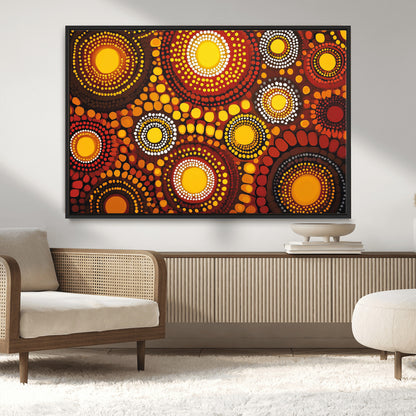 81120549-MGV-CV-36X24-Abstract Dot Painting Wall Art – Vibrant Tribal Boho Style Canvas Print with Sunburst Mandala Circles in Warm Red, Yellow, Orange