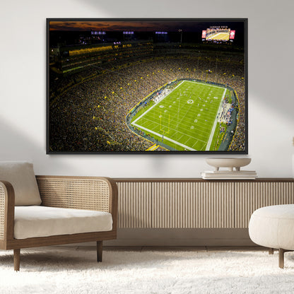 23655234-MGV-CV-36X24-Lambeau Field Stadium Wall Art – American Football Night Game Canvas Print with Packed Crowd and Lights – Sports Decor for Man