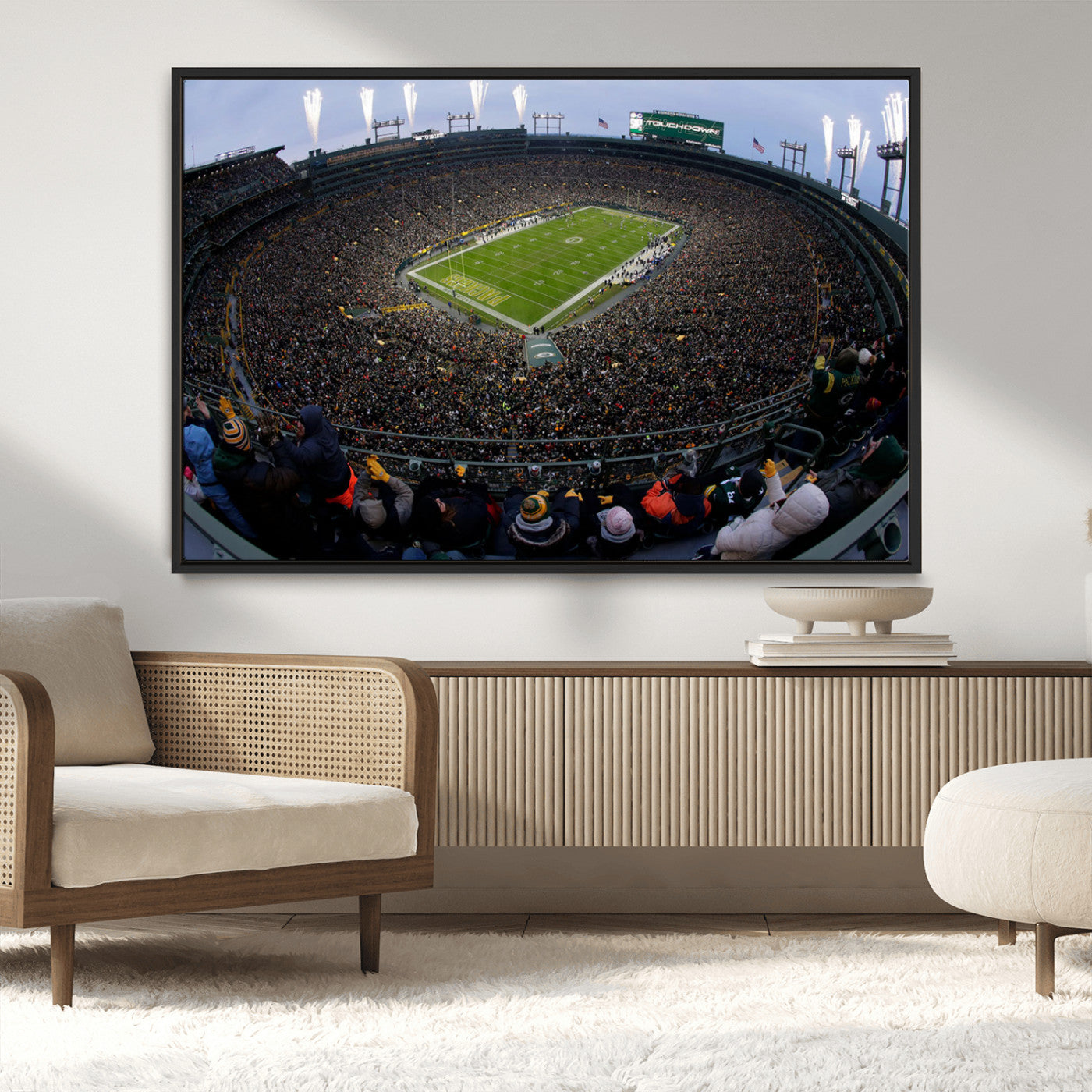 14387817-MGV-CV-36X24-Lambeau Field Stadium Wall Art – Green Bay Packers Game Day Canvas Print with Fireworks and Crowd – NFL Football Fan Man Cave