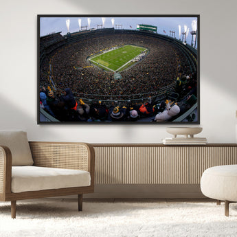 14387817-MGV-CV-36X24-Lambeau Field Stadium Wall Art – Green Bay Packers Game Day Canvas Print with Fireworks and Crowd – NFL Football Fan Man Cave