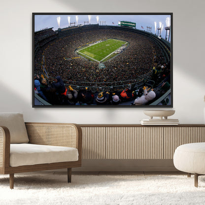 14387817-MGV-CV-36X24-Lambeau Field Stadium Wall Art – Green Bay Packers Game Day Canvas Print with Fireworks and Crowd – NFL Football Fan Man Cave