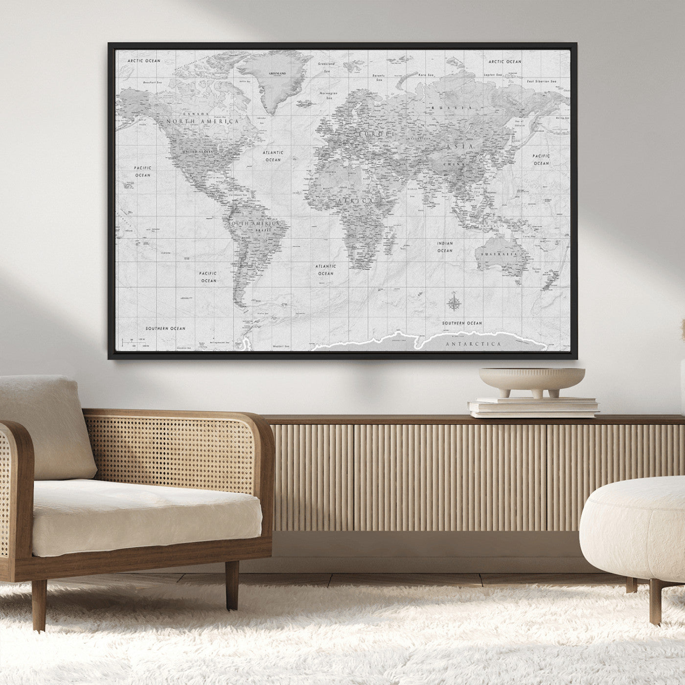 10516725-MGV-CV-36X24-Black and White World Map Wall Art – Minimalist Grayscale Canvas Print – Modern Detailed Travel Map Poster for Home, Office, or