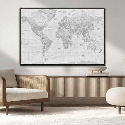 10516725-MGV-CV-36X24-Black and White World Map Wall Art – Minimalist Grayscale Canvas Print – Modern Detailed Travel Map Poster for Home, Office, or