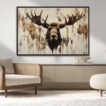 34496536-MGV-CV-36X24-Rustic Moose Wall Art – Modern Abstract Animal Canvas Print – Majestic Moose Head Painting with Neutral Earth Tones for Cabin,