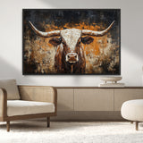 25265572-MGV-CV-36X24-Longhorn Bull Wall Art – Rustic Western Texas Steer Canvas Print, Textured Animal Painting for Home, Office, Man Cave or Farmhouse