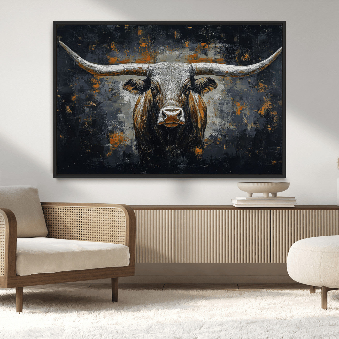93195031-MGV-CV-36X24-Dark Longhorn Bull Wall Art – Western Steer Canvas Print, Moody Rustic Animal Painting for Man Cave, Ranch House, Office or Modern